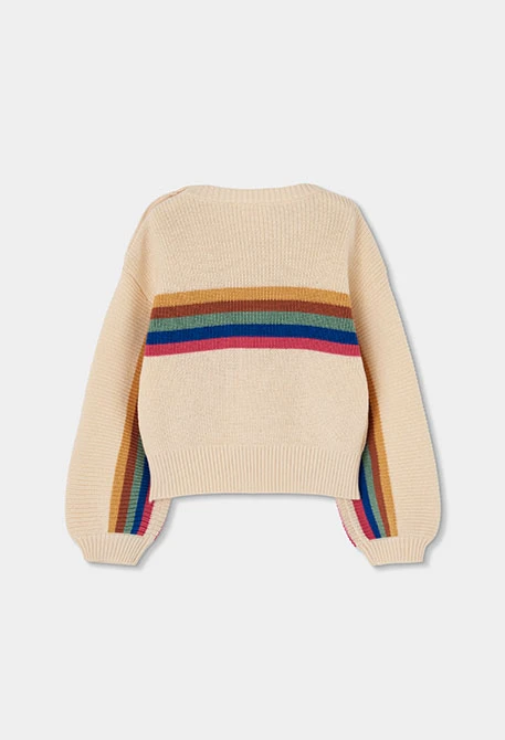 Pull fille écru avec rayures multicolores