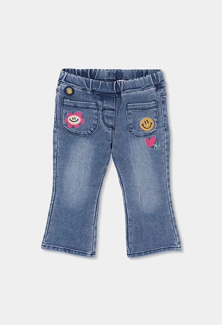 Pantalon denim fille bleu avec patches de fleurs