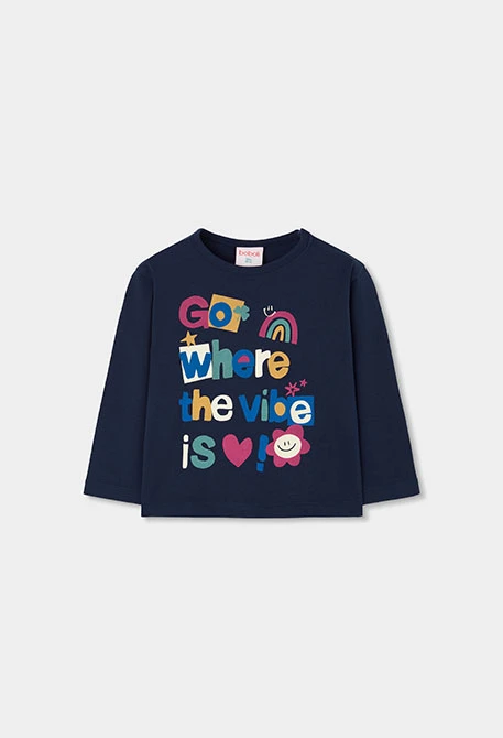 T-shirt en maille fille bleu marine imprimé lettres