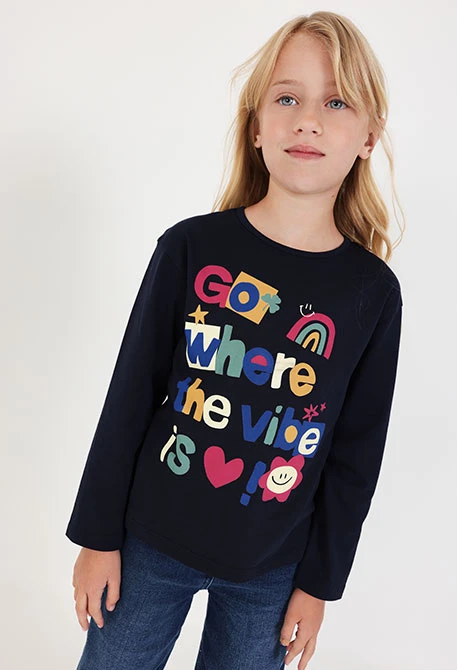 T-shirt en maille fille bleu marine imprimé lettres
