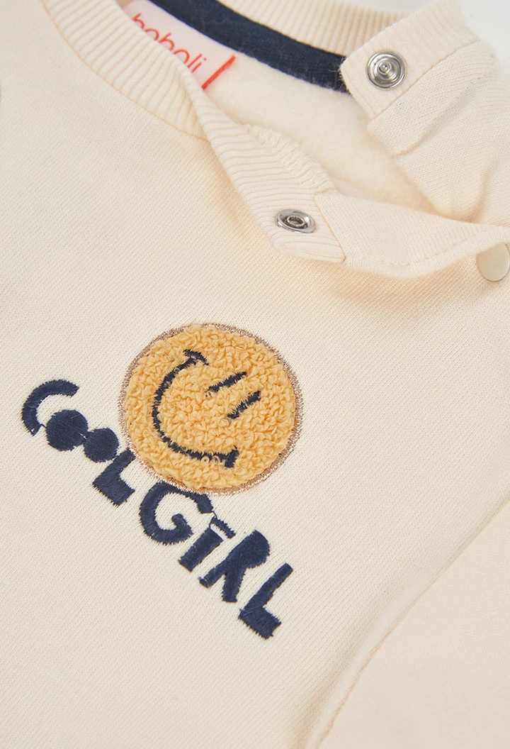 Sweat-shirt en molleton fille écru avec emojis