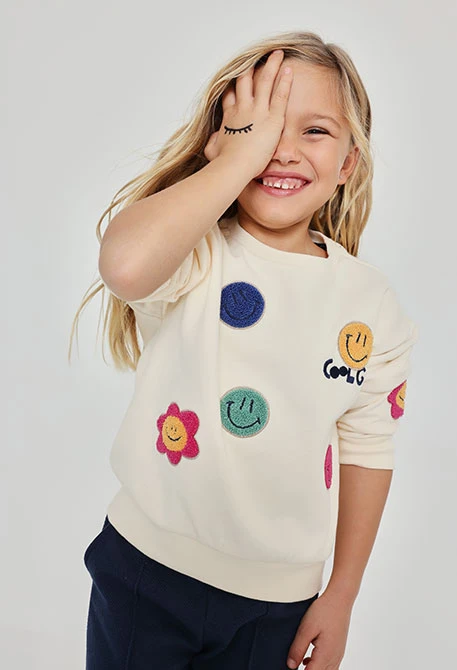 Sweat-shirt en molleton fille écru avec emojis
