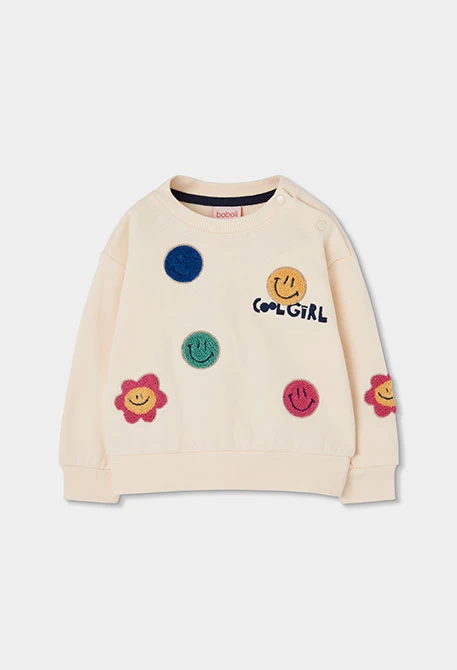 Sweat-shirt en molleton fille écru avec emojis