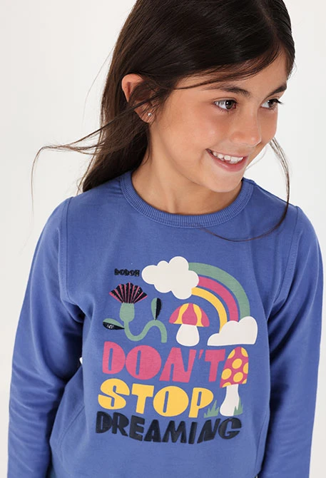 Rainbow print blue girls\' knitted T-shirt