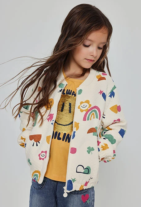 Veste maille fille écrue imprimé multicolore