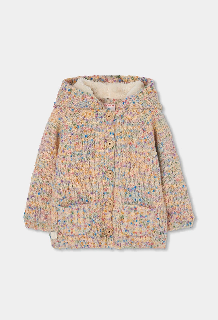 Veste en maille fille écrue multicolore à capuche