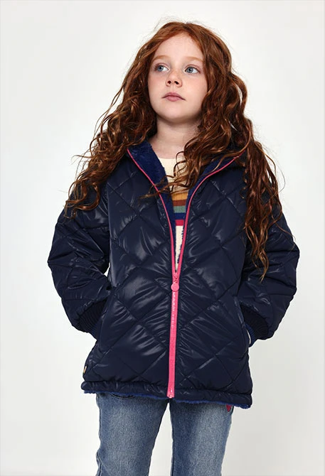 Navy blue quilted technical fabric girl\'s parka