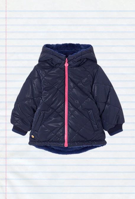 Navy blue quilted technical fabric girl\'s parka
