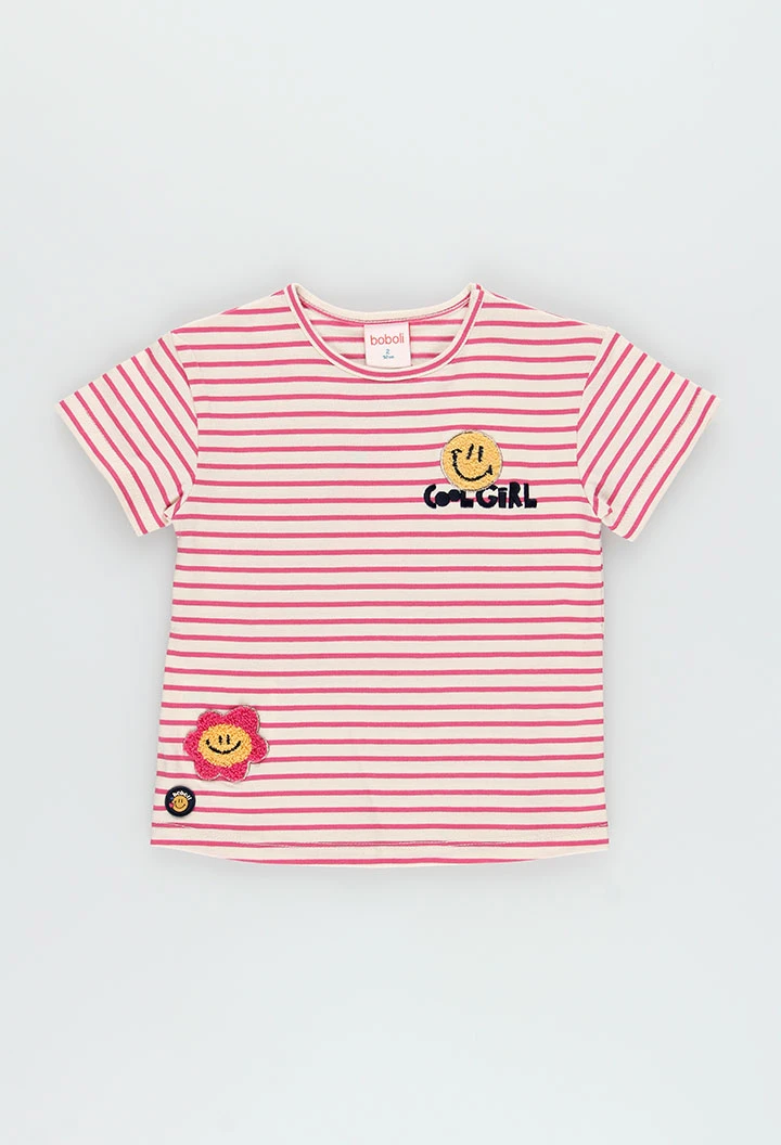 Maglietta in maglia bambina écru a righe con patch