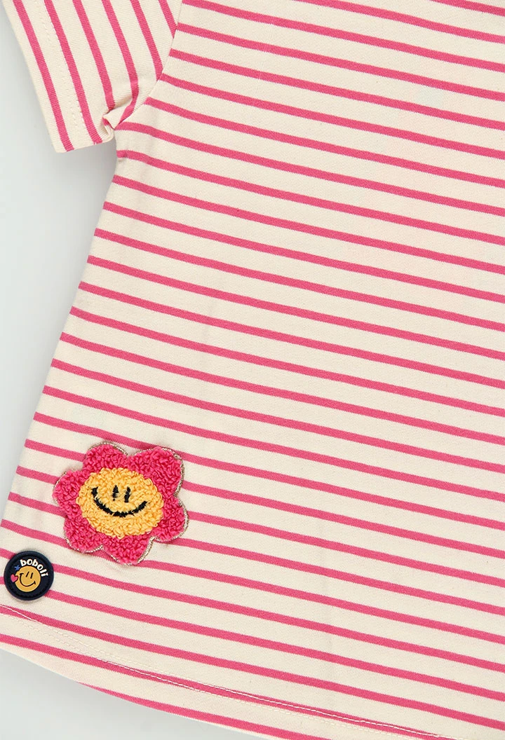 Maglietta in maglia bambina écru a righe con patch