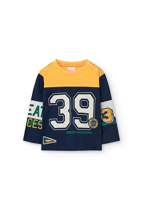 Camiseta de punto para bebé niño en azul marino y estampado