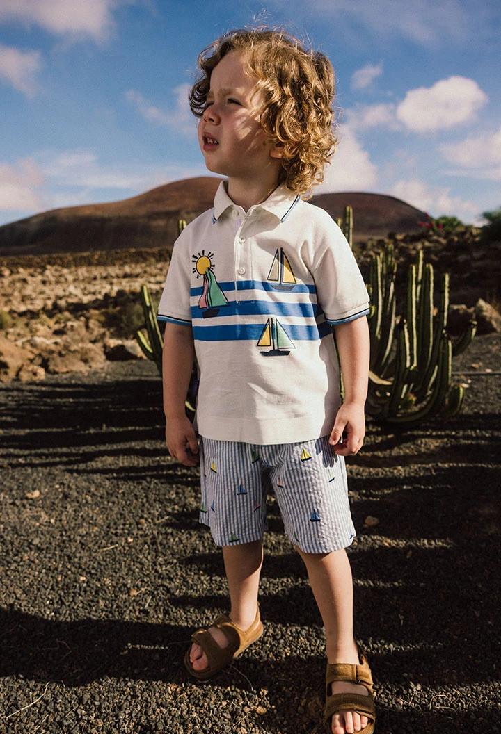 Baby boy knitted polo shirt in white with nautical print