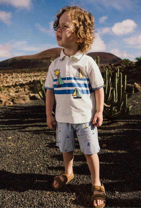 Polo de malha para bebé menino em cor branca com estampado náutico