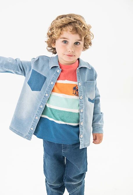Knitted denim overshirt for baby boy in BLEACH colour