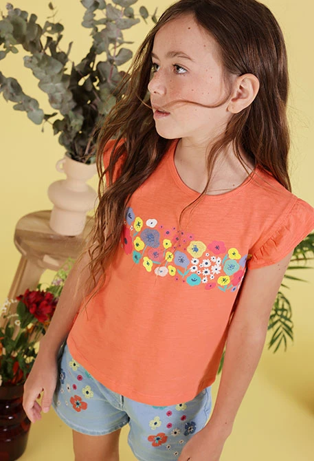Camiseta de niña algodón naranja