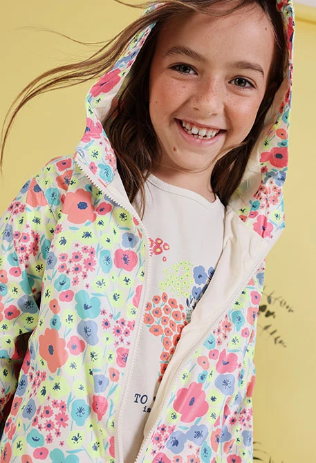 Parka menina tecido técnico estampado flores