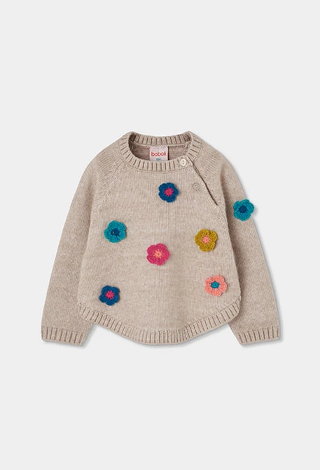 Camisola bege para menina com flores de crochet