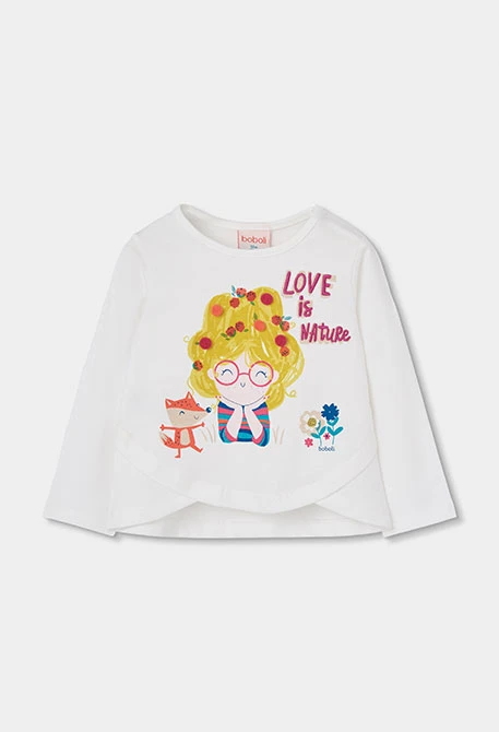 Camiseta punto niña blanca estampado muñeca y zorro