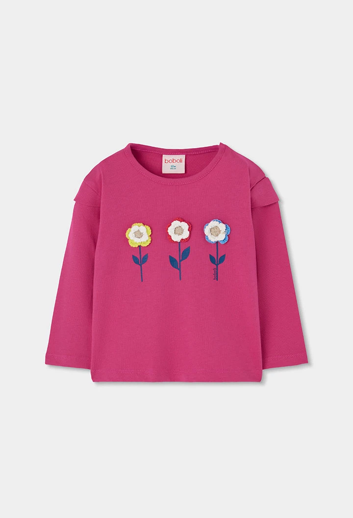 Camiseta punto niña fucsia bordado flores