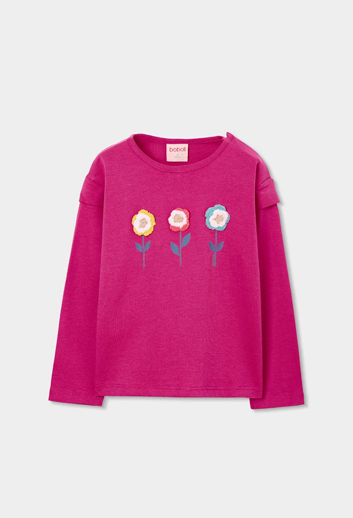 Girl\'s knitted strawberry T-shirt with embroidered flowers