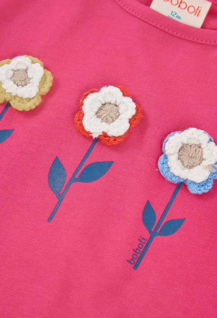 Camiseta punto niña fucsia bordado flores