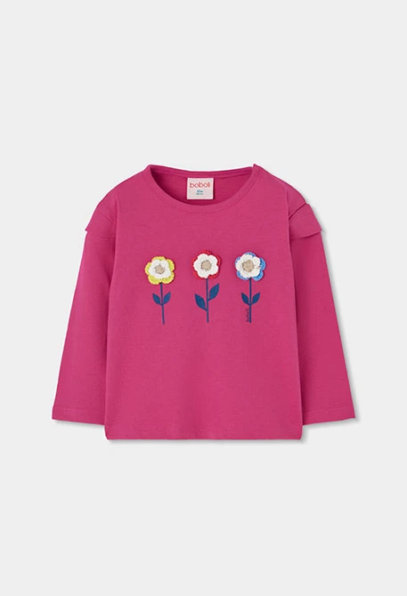 Camiseta punto niña fucsia bordado flores