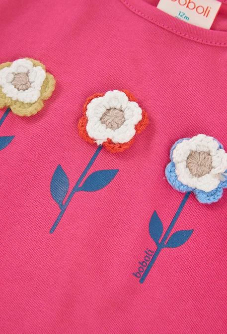 Girl\'s knitted strawberry T-shirt with embroidered flowers
