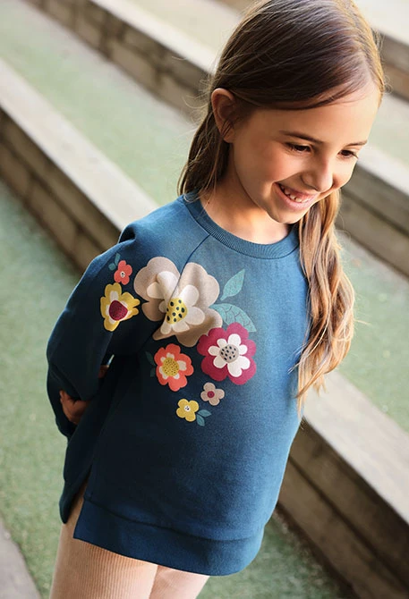 Sweat-shirt molleton fille vert imprimé fleurs