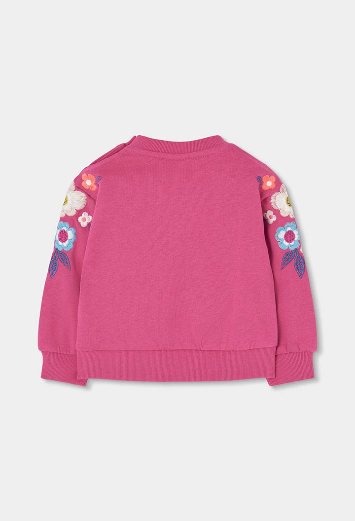 Sudadera felpa niña fucsia bordado flores