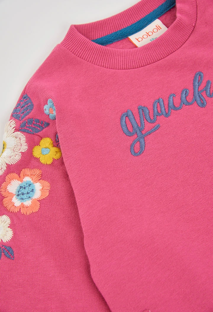 Sudadera felpa niña fucsia bordado flores
