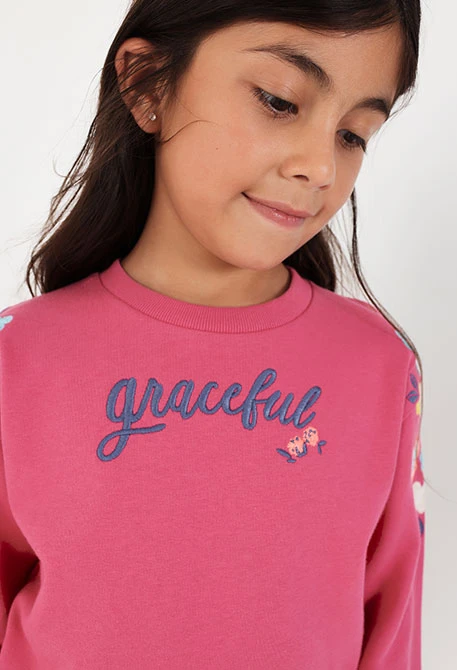 Sudadera felpa niña fucsia bordado flores