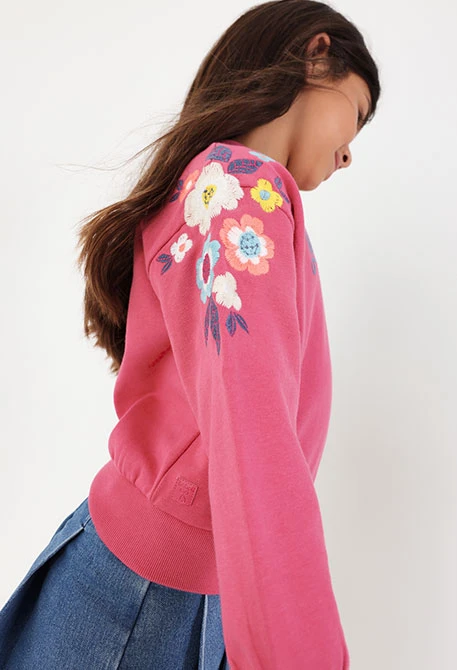Strawberry fleece sweatshirt for girls with embroidered flowers