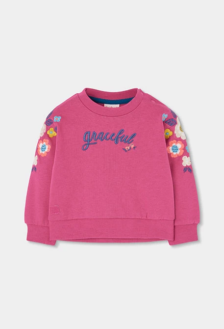 Sudadera felpa niña fucsia bordado flores
