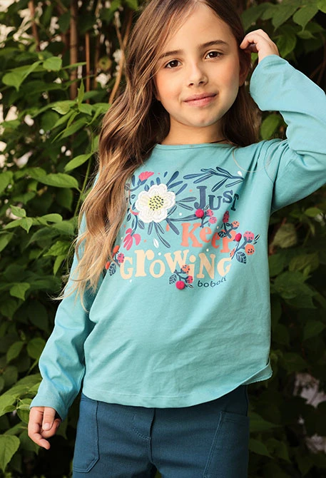 T-shirt maille fille vert imprimé floral