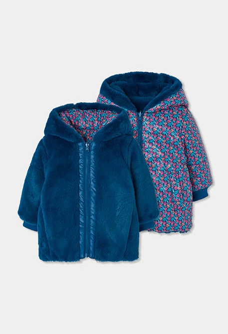 Parka reversible tejido técnico niña azul petróleo