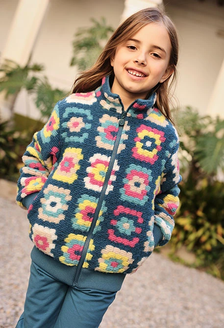 Geometric print green girl\'s plush coat