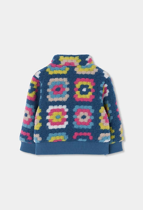 Chaquetón felpa niña azul petróleo estampado geométrico