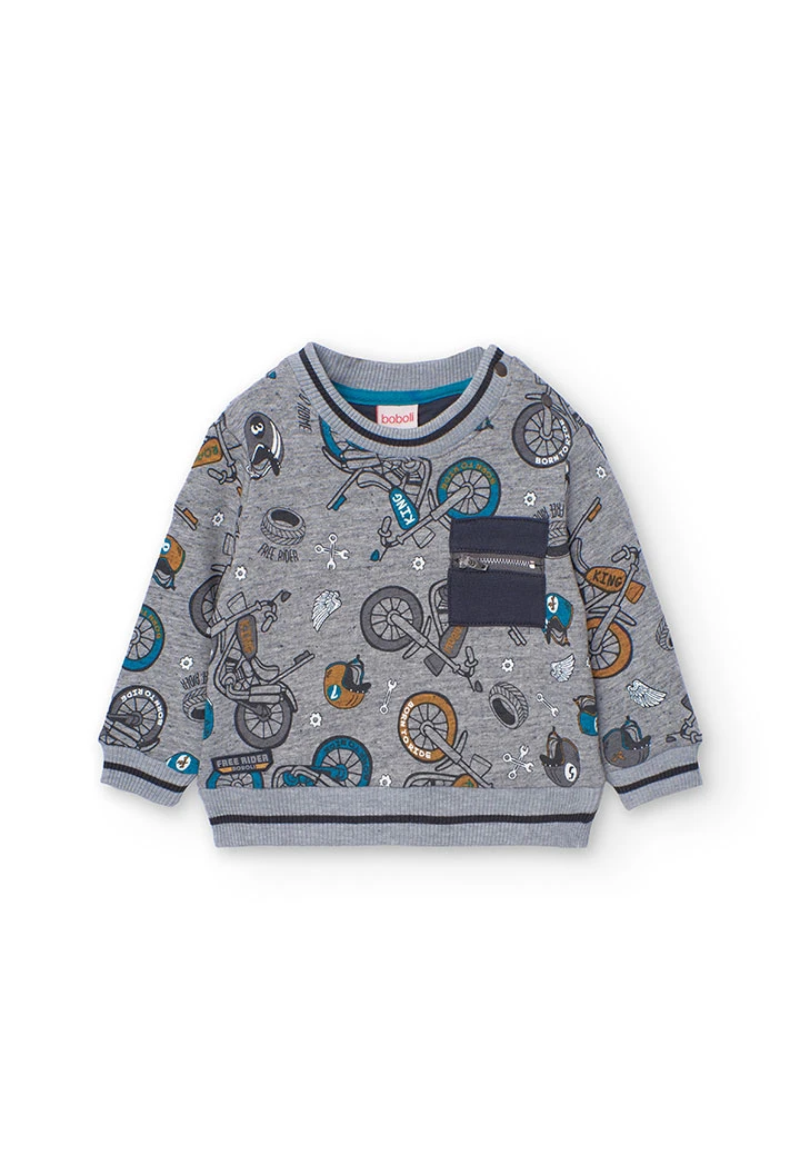 Fleece sweatshirt for baby boy with motorbike print