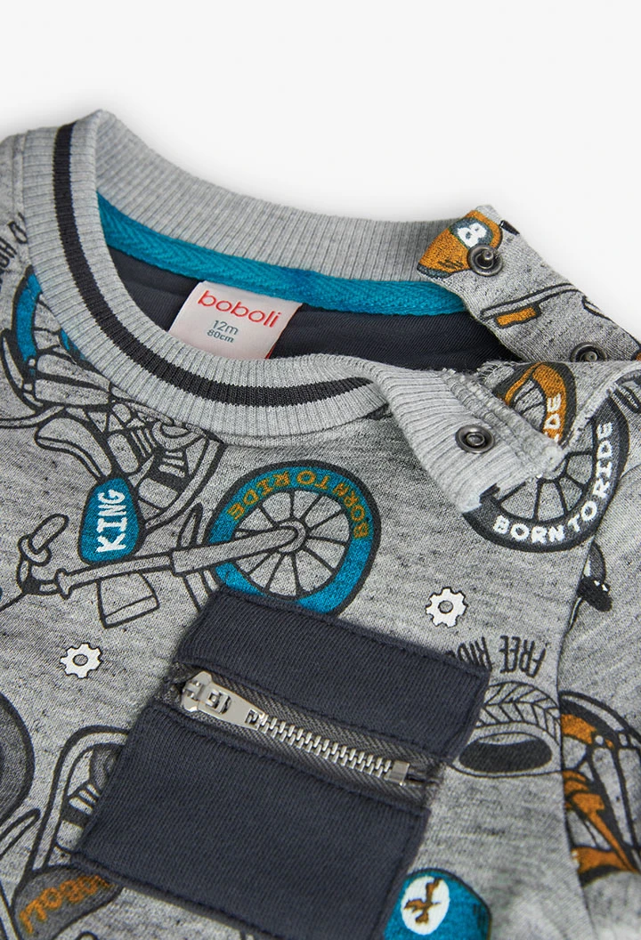 Fleece sweatshirt for baby boy with motorbike print