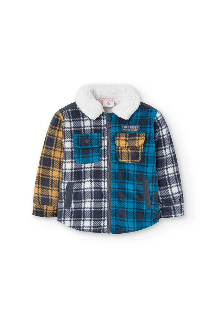 Fleece overshirt for baby boy with check print