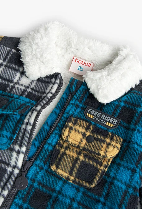 Fleece overshirt for baby boy with check print