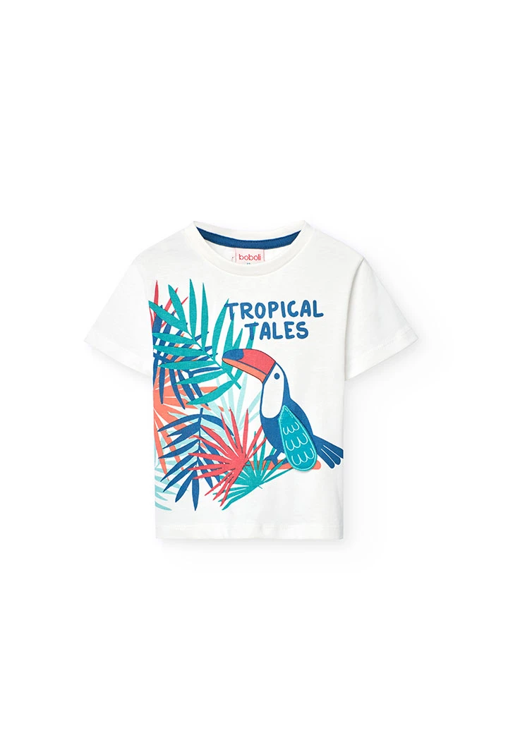 Camiseta de punto para bebé niño en color blanco con estampado tropical