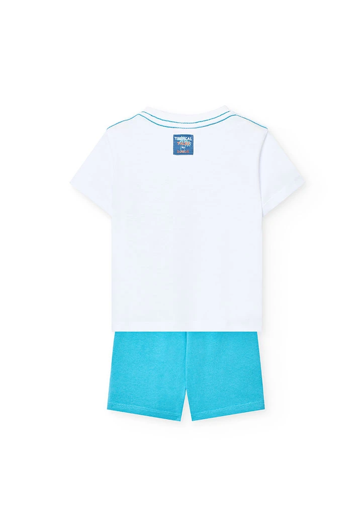 Conjunto de malha para bebé menino em cor branca com estampado e calções em cor azul