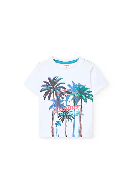 Conjunto de punto para bebé niño en color blanco con estampado y pantalón corto en color azul