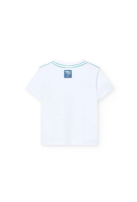 Conjunto de punto para bebé niño en color blanco con estampado y pantalón corto en color azul