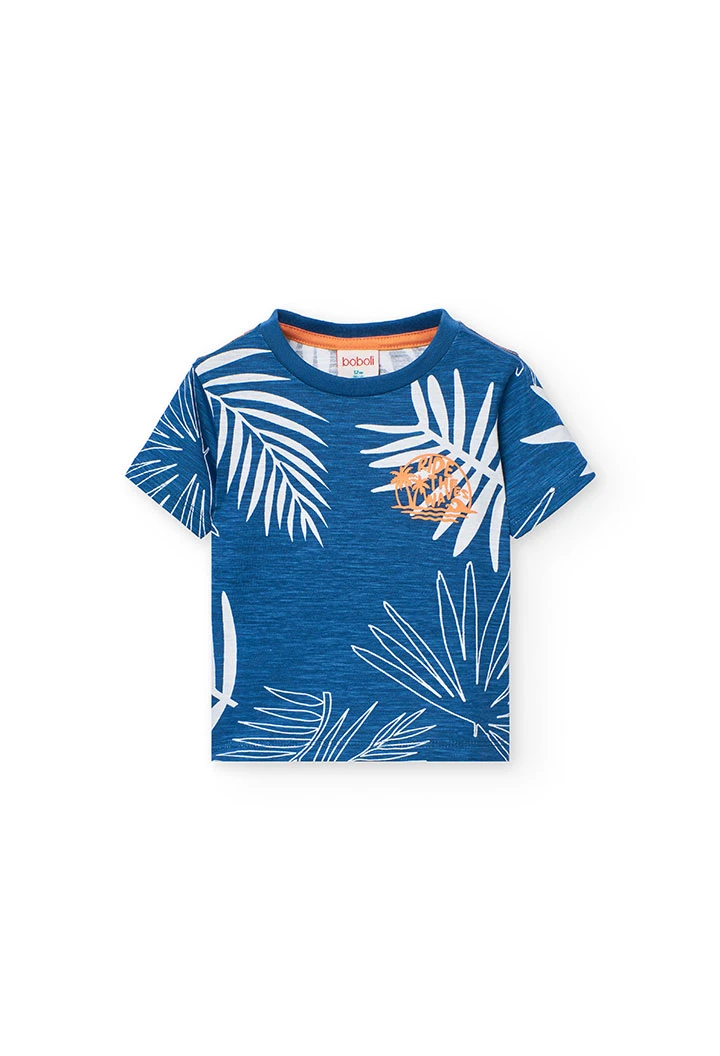 Maglietta in maglia per bambino di colore blu con design tropicale.