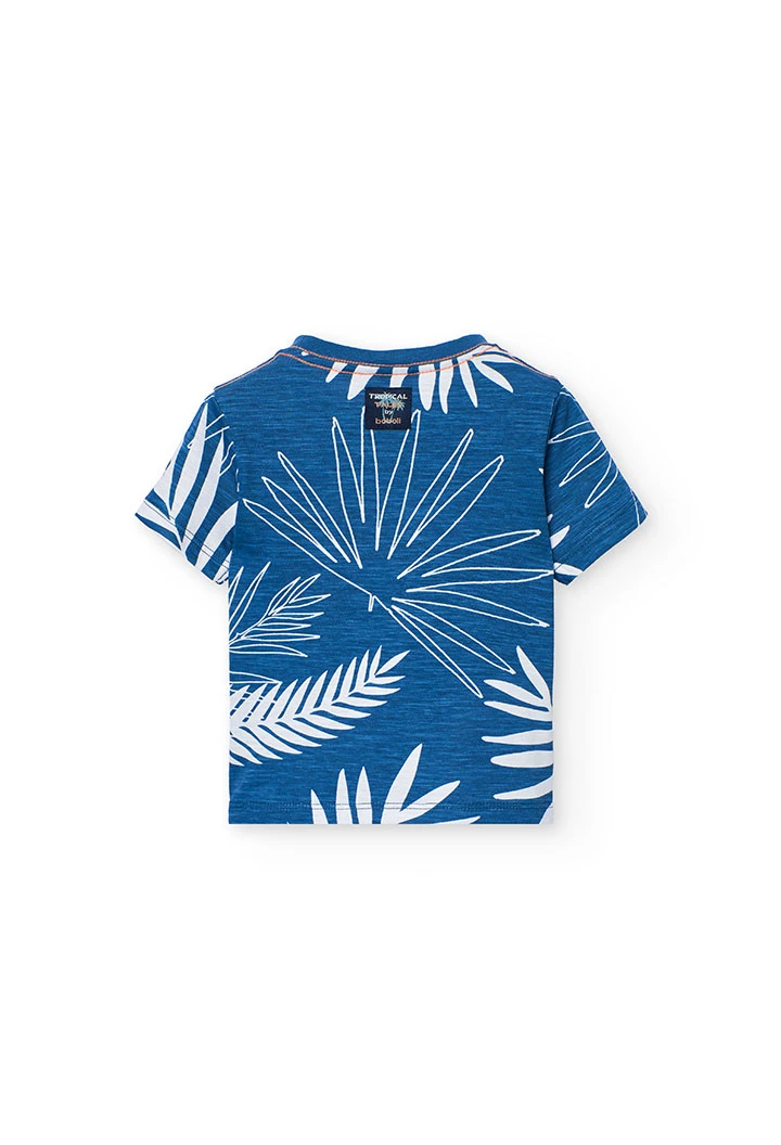 Maglietta in maglia per bambino di colore blu con design tropicale.