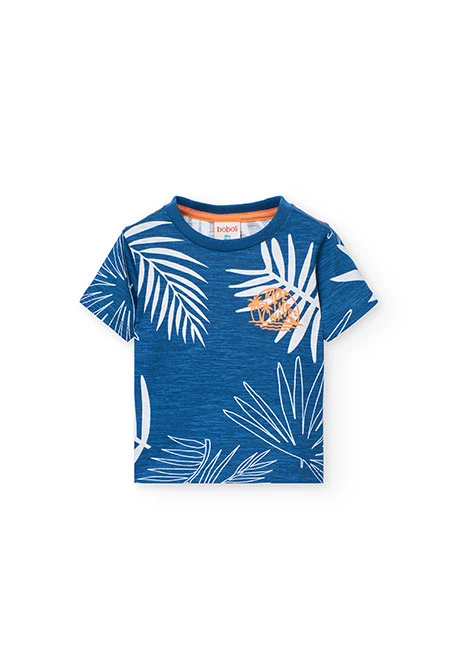 Knitted t-shirt for boys in blue with tropical design