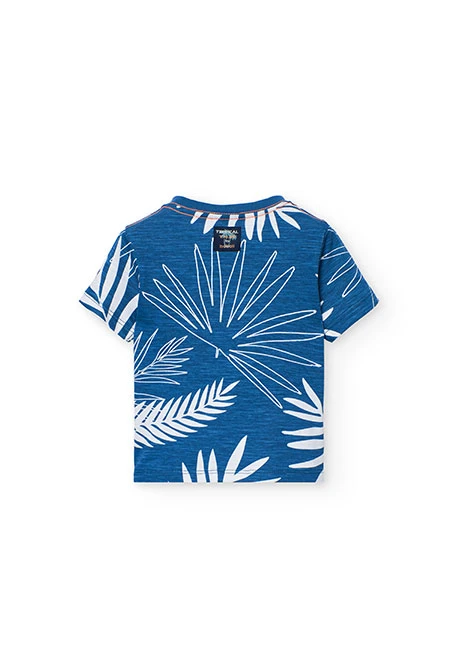 Knitted t-shirt for boys in blue with tropical design