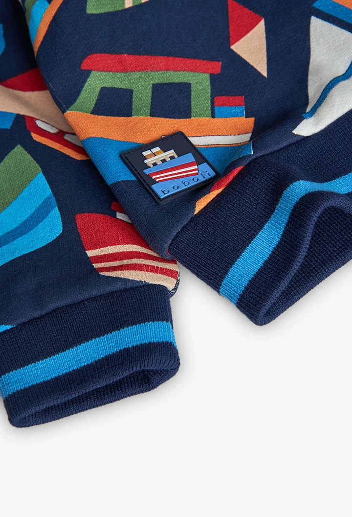 Knitted blue sweatshirt with boats for boy